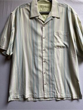 Tommy Bahama 100% Silk Striped Short Sleeve Button Down Shirt Size L